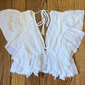 Free People White Ruffle Short Sleeve Top